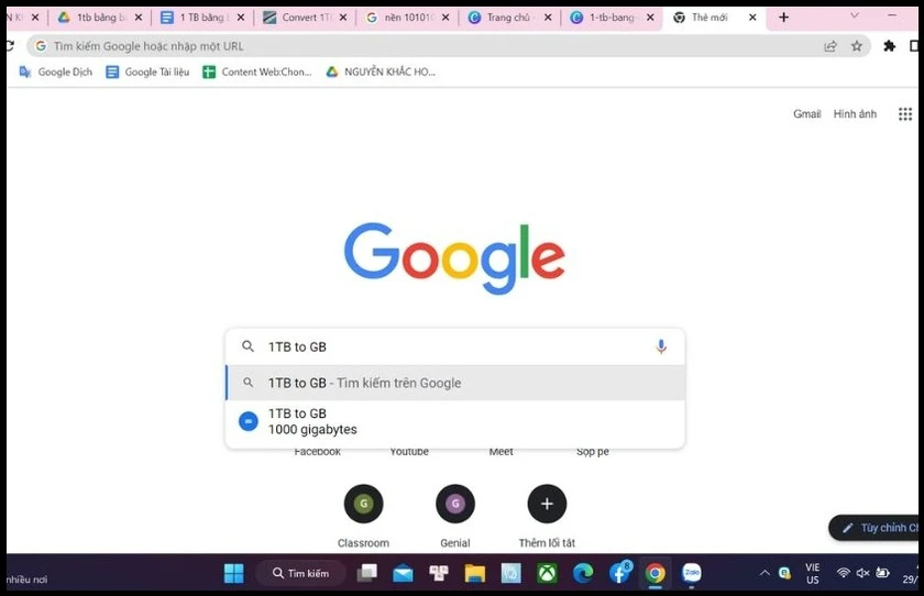 chuyển đổi 1 tb bằng mấy gb tr&ecirc;n google