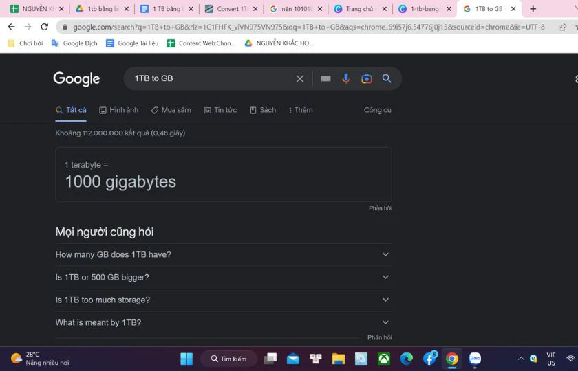 kết quả chuyển đổi từ tb sang gb