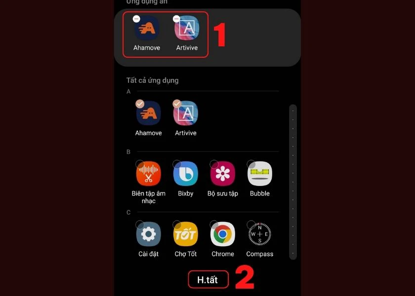 chọn vào app muốn ẩn đi và nhấn hoàn tất