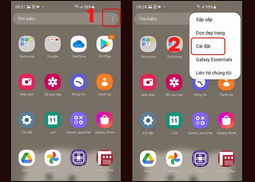 chọn vào cài đặt trên samsung