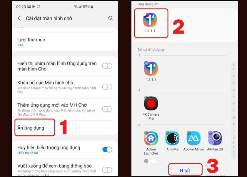 chọn vào ứng dụng muốn bỏ ẩn và nhấn hoàn tất