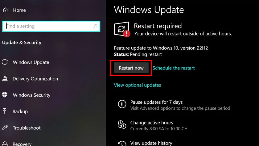 nhấn vào restart now