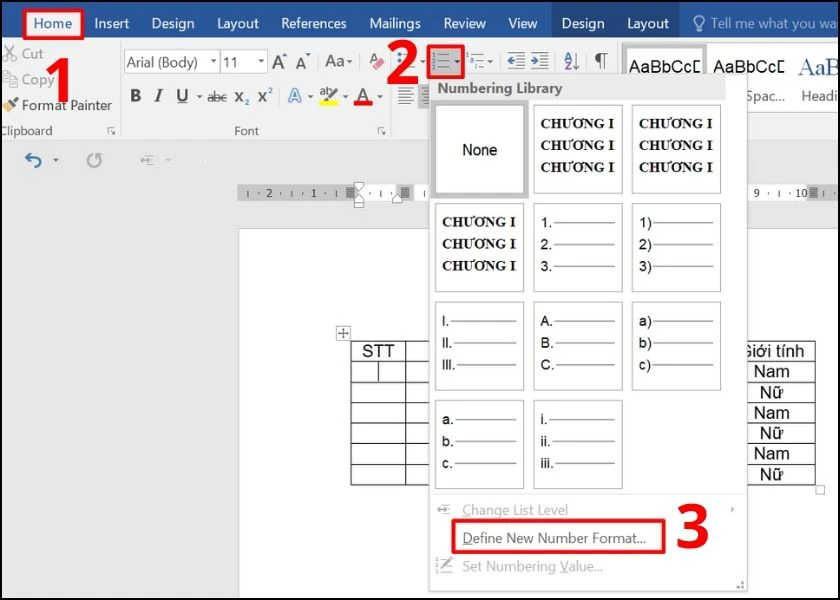 cách đánh số thứ tự trong bảng word nằm cùng một cột