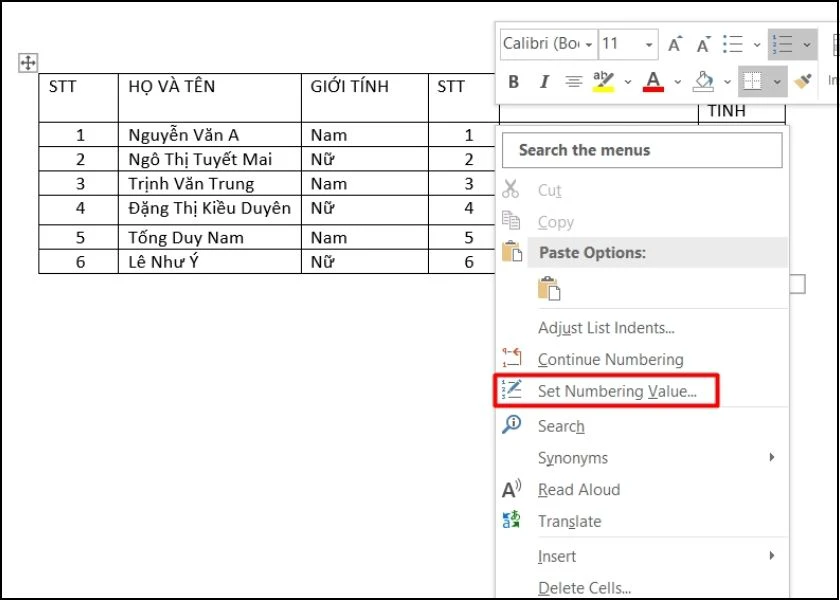 nhấn chuột phải vào ô bất kỳ và chọn set numbering value