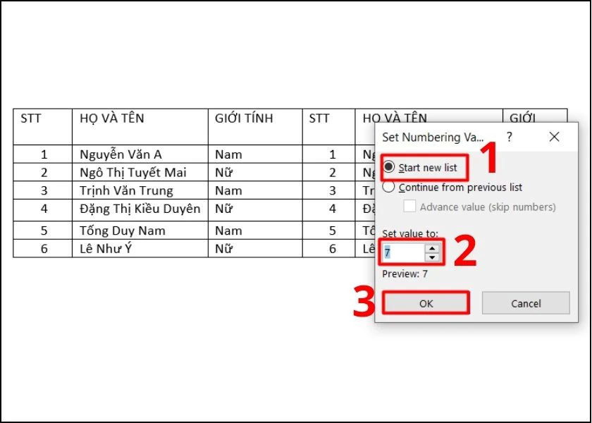 chỉnh lại số nối tiếp cột 1 tại set value to