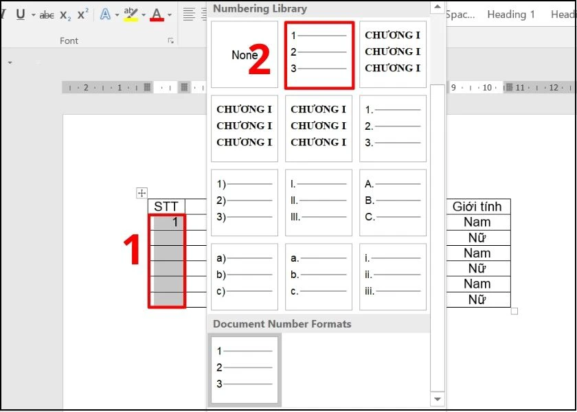 nhấp vào định dạng số thứ tự đã tạo khi nãy cho bảng word