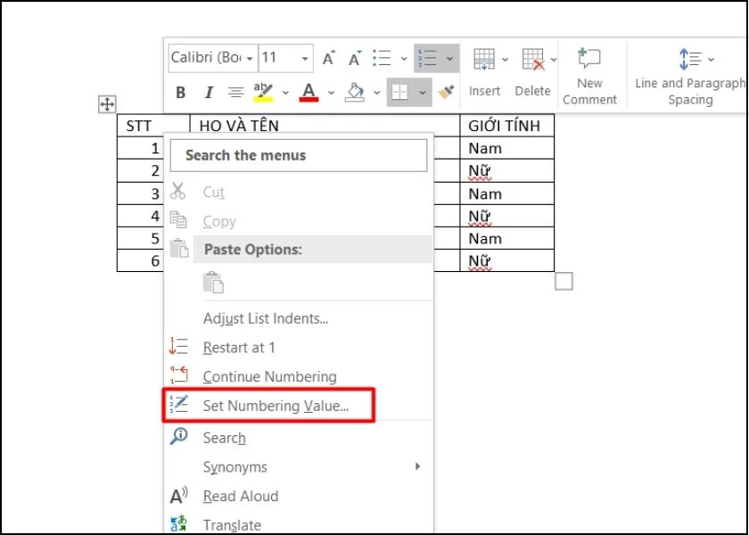 đánh số thứ tự từ số bất kỳ trong bảng word