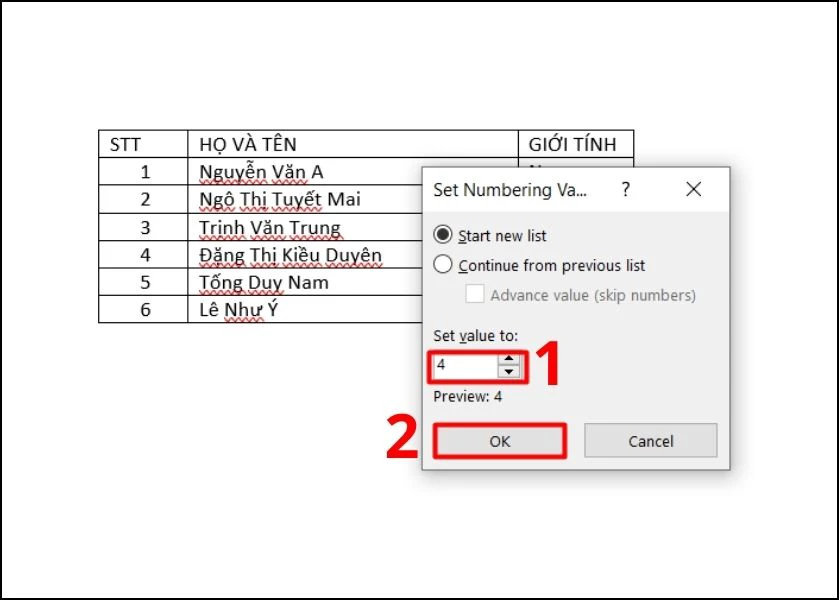 tại set value to, nhập số thứ tự bạn muốn bắt đầu