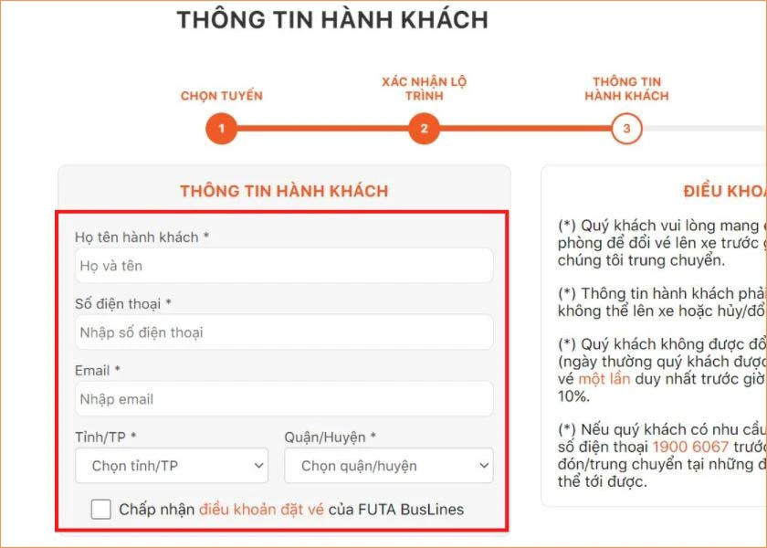 nhập điểm đến, điểm đ&oacute;n v&agrave; th&ocirc;ng tin c&aacute; nh&acirc;n