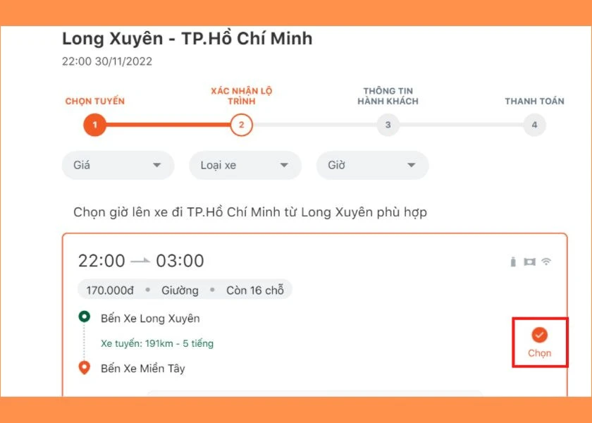 chọn loại xe, gi&aacute;, khung giờ