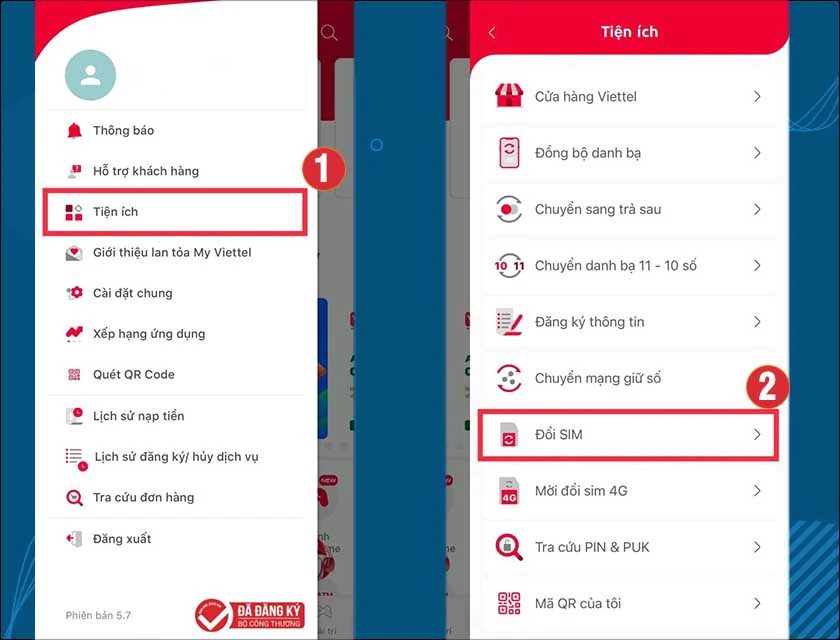v&agrave;o mục tiện &iacute;ch v&agrave; chọn đổi sim