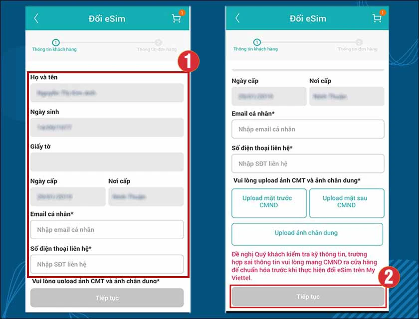 điền th&ocirc;ng tin c&aacute; nh&acirc;n v&agrave; bấm tiếp tục, ho&agrave;n tất c&aacute;ch đăng k&yacute; esim viettel online