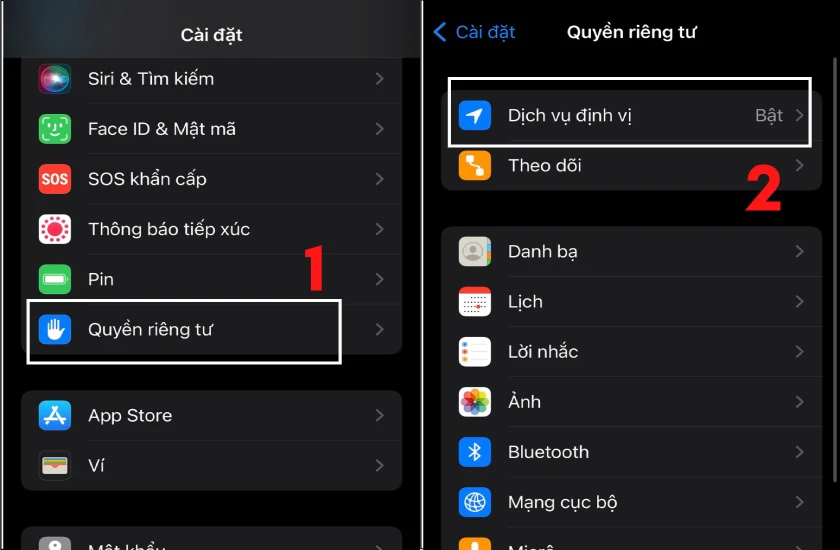 bật dịch vụ định vị, t&igrave;m iphone