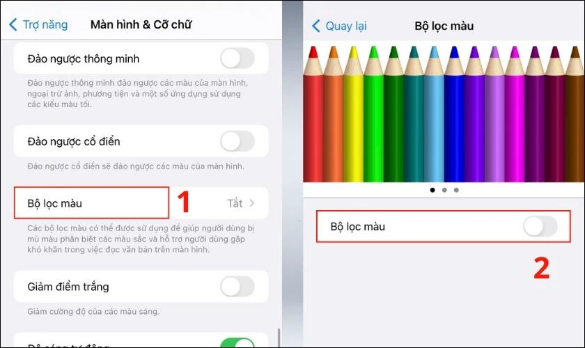 tắt bộ lọc màu