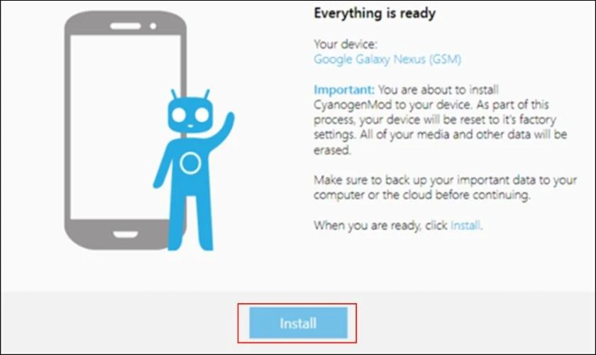 nhấn install để thực hiện n&acirc;ng cấp