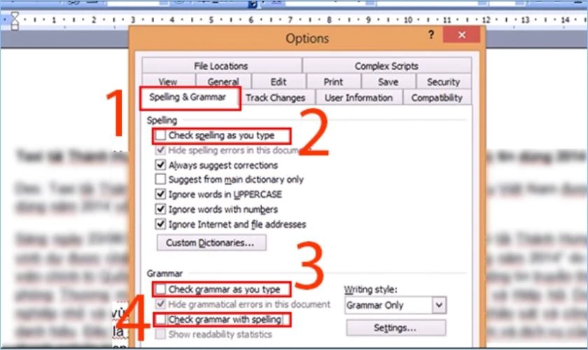 v&agrave;o Spelling & Grammar, bỏ chọn c&aacute;c mục kiểm tra ch&iacute;nh tả