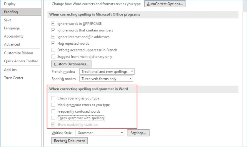 tick bỏ chọn c&aacute;c phần check ch&iacute;nh tả trong word