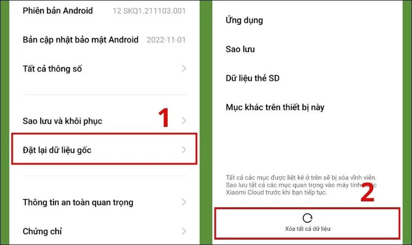 đặt lại cài đặt trên điện thoại android
