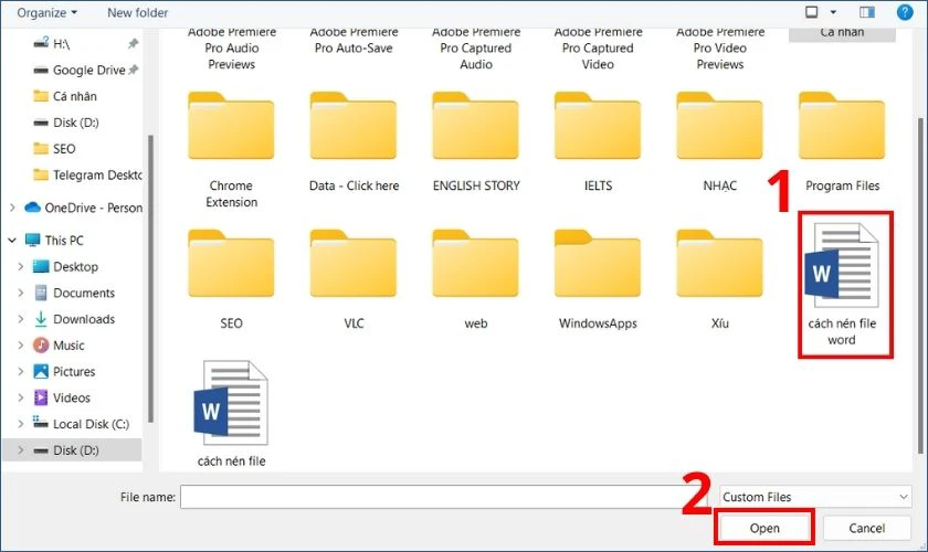 chọn file word muốn n&eacute;n sang pdf v&agrave; nhấn open