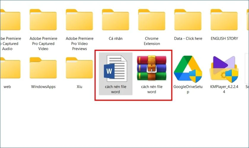 kết quả sau khi n&eacute;n file word th&agrave;nh rar, zip