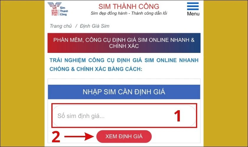 định giá sim trên trang sim thành công