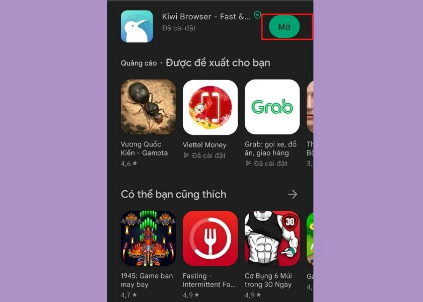 mở kiwi browser