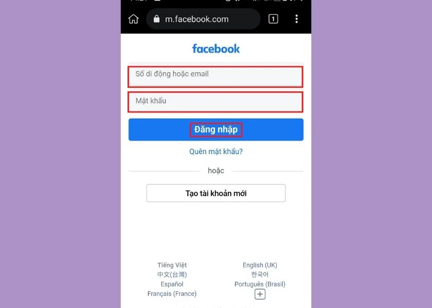 đăng nhập facebook