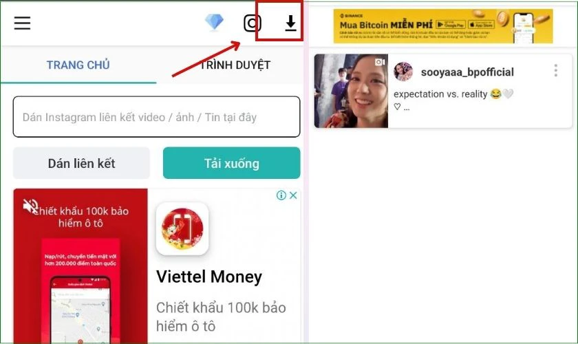 nhấn v&agrave;o biểu tượng mũi t&ecirc;n chỉ xuống để xem story vừa tải về từ instagram