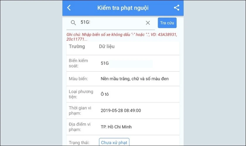 kết quả phạt nguội