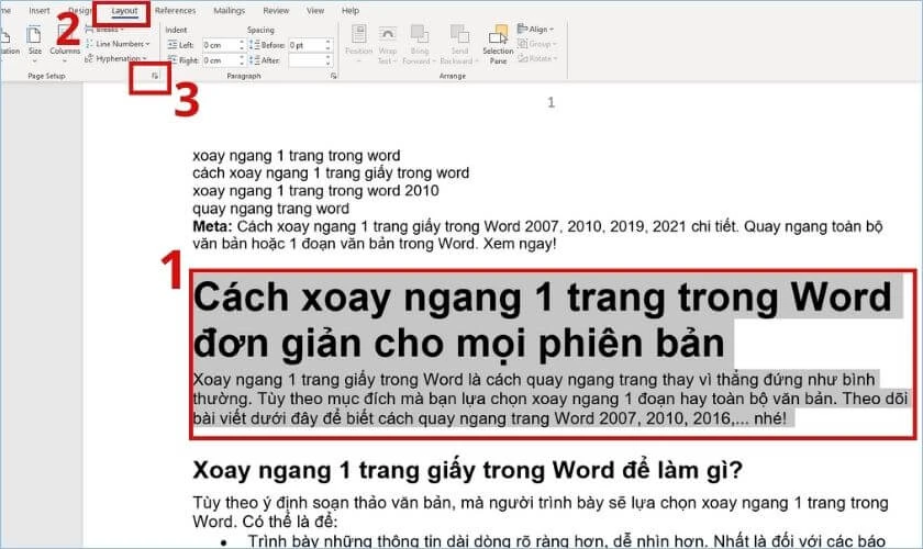cách xoay ngang 1 đoạn trang giấy trong word