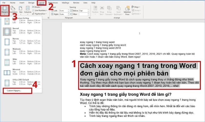 vào layout chọn margins và nhấn custom margins