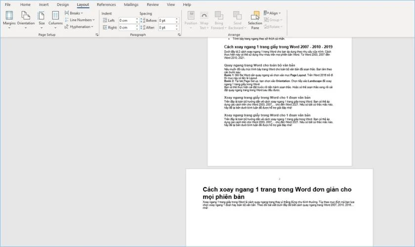 trang giấy chỉ định trong word đã xoay ngang