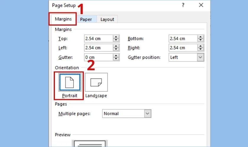 mở lại page setup và chọn portrait trong margins