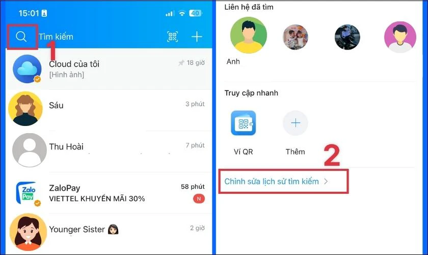 các bước delete tìm kiếm zalo trên điện thoại