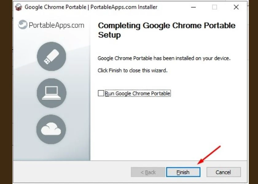 nhấn finish để ho&agrave;n tất tải v&agrave; c&agrave;i đặt chrome portable