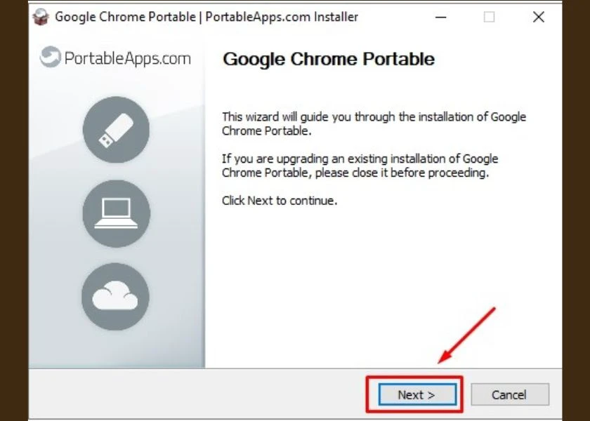 nhấn next để tiếp tục c&agrave;i đặt google chrome portable sau khi tải
