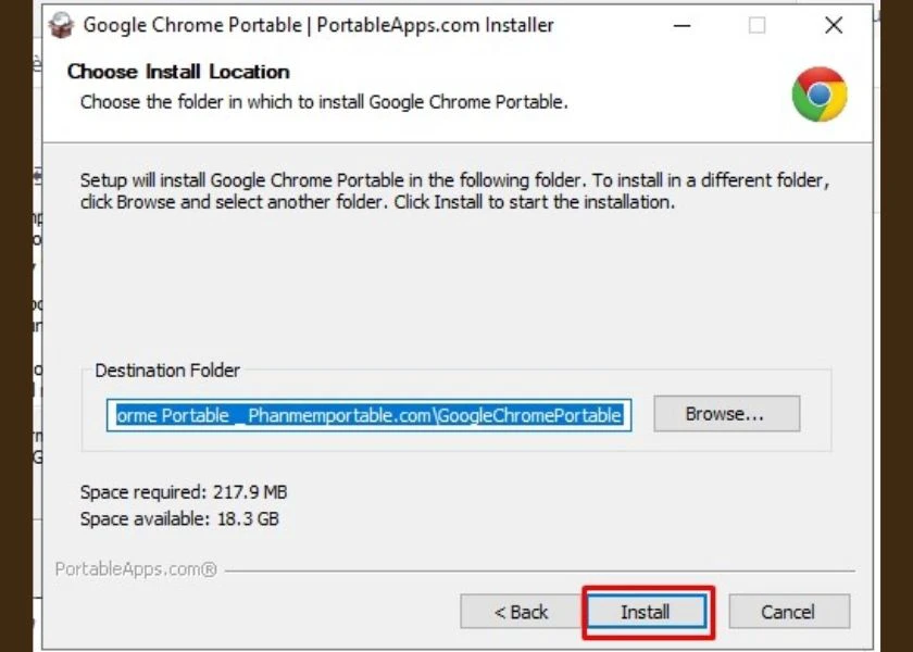 nhấn install để c&agrave;i đặt portable
