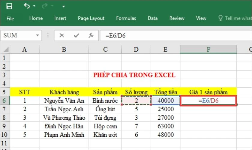 ph&eacute;p t&iacute;nh chia trong microsoft excel