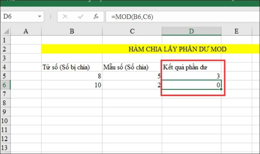 h&agrave;m mod lấy phần dư tr&ecirc;n excel