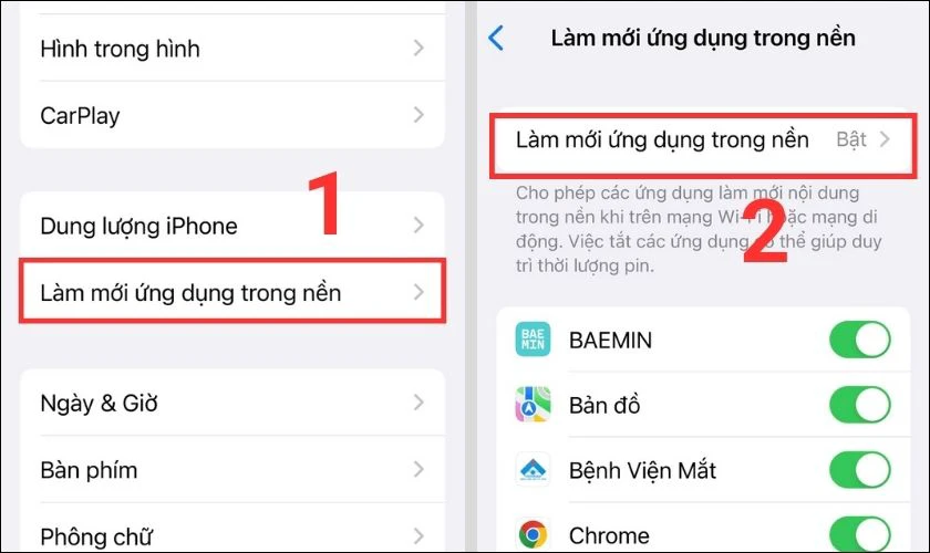 cách tắt làm mới ứng dụng trong nền để khắc phục lỗi màn hình ip 14 pro max