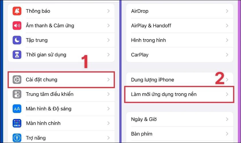 bật làm mới ứng dụng trong nền trên iphone