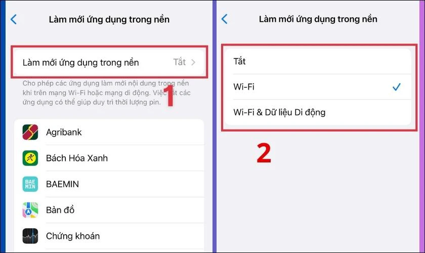tùy chọn làm mới ứng dụng trong nền