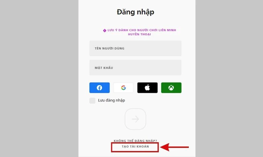 click chọn tạo tài khoản riot client