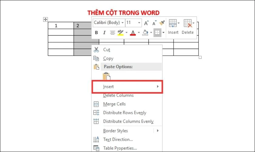 ch&egrave;n column v&agrave;o bảng word bằng insert