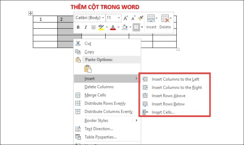 ch&egrave;n th&ecirc;m h&agrave;ng, cột trong word