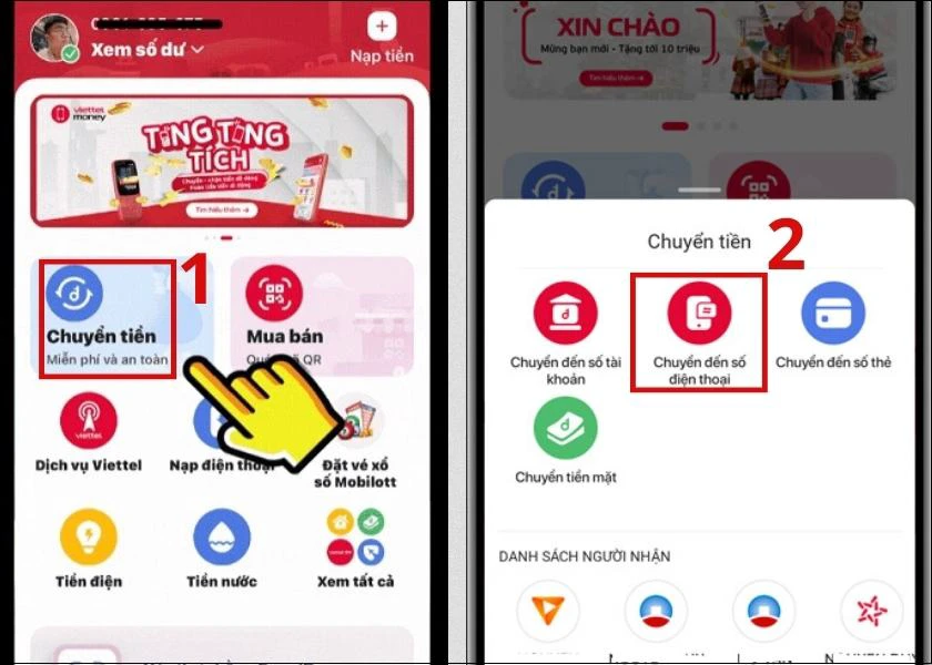 v&iacute; điện tử viettel chuyển tiền đến số điện thoại đơn giản