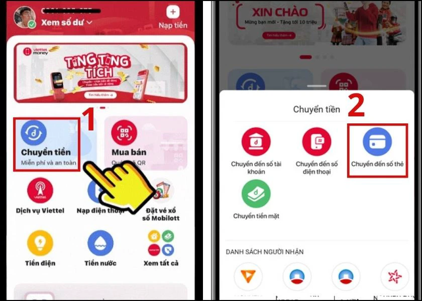chuyển tiền đến số thẻ tr&ecirc;n app viettel money