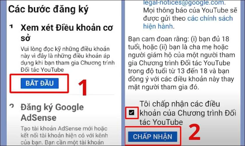 chấp nhận điều khoản bật kiếm tiền youtube tr&ecirc;n điện thoại 