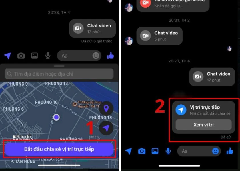 share định vị trực tiếp qua messenger tr&ecirc;n iphone