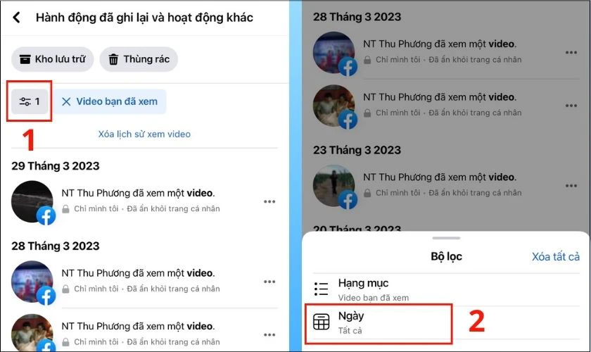 lọc video đ&atilde; xem theo khoảng thời gian